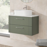 Modern Splash 800mm Satin Green Art Deco 2 Drawer Wall Hung Vanity With Bellato Grey Worktop