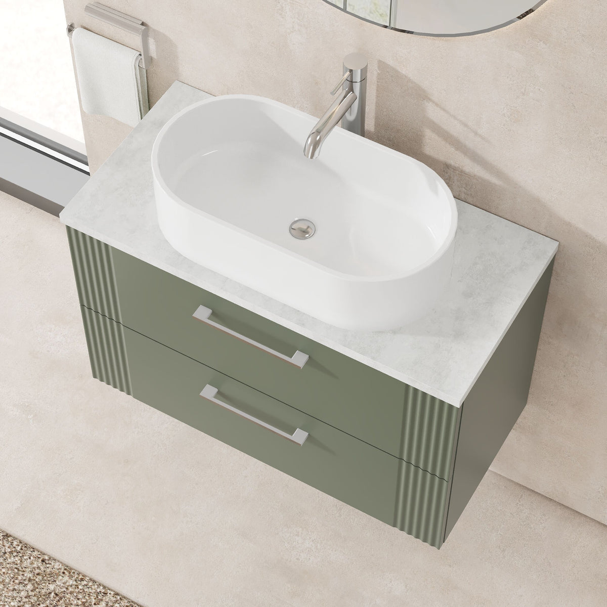 Modern Splash 800mm Satin Green Art Deco 2 Drawer Wall Hung Vanity With Bellato Grey Worktop