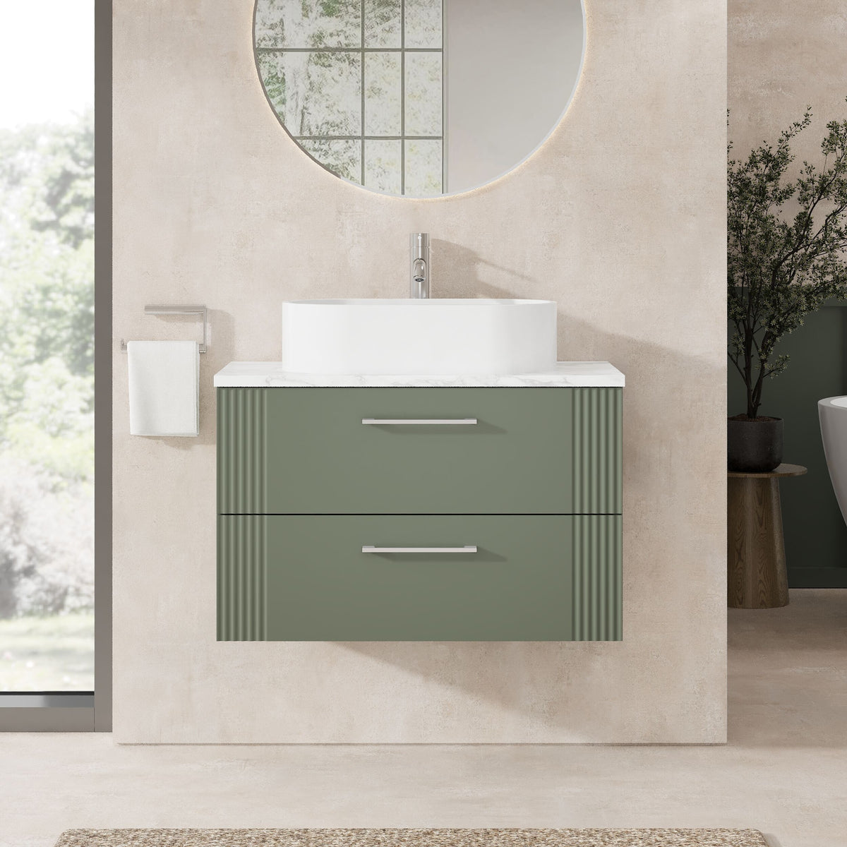 Modern Splash 800mm Satin Green 2 Drawer Wall Hung Vanity With Carrara Laminate Worktop