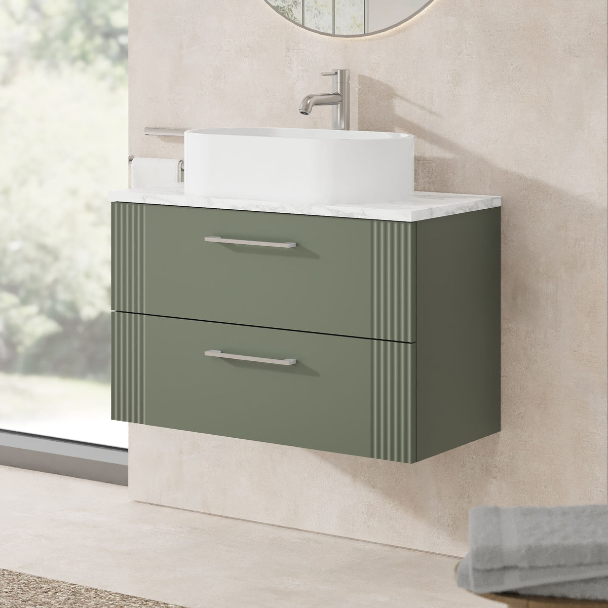 Modern Splash 800mm Satin Green 2 Drawer Wall Hung Vanity With Carrara Laminate Worktop