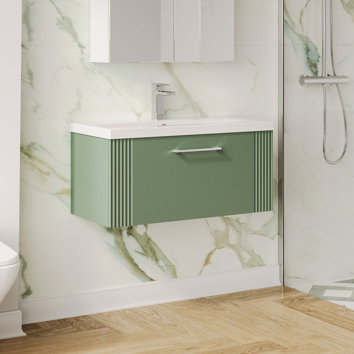 Modern Splash 800mm Satin Green 1 Drawer Wall Hung Vanity Unit With Mid-Edge Basin