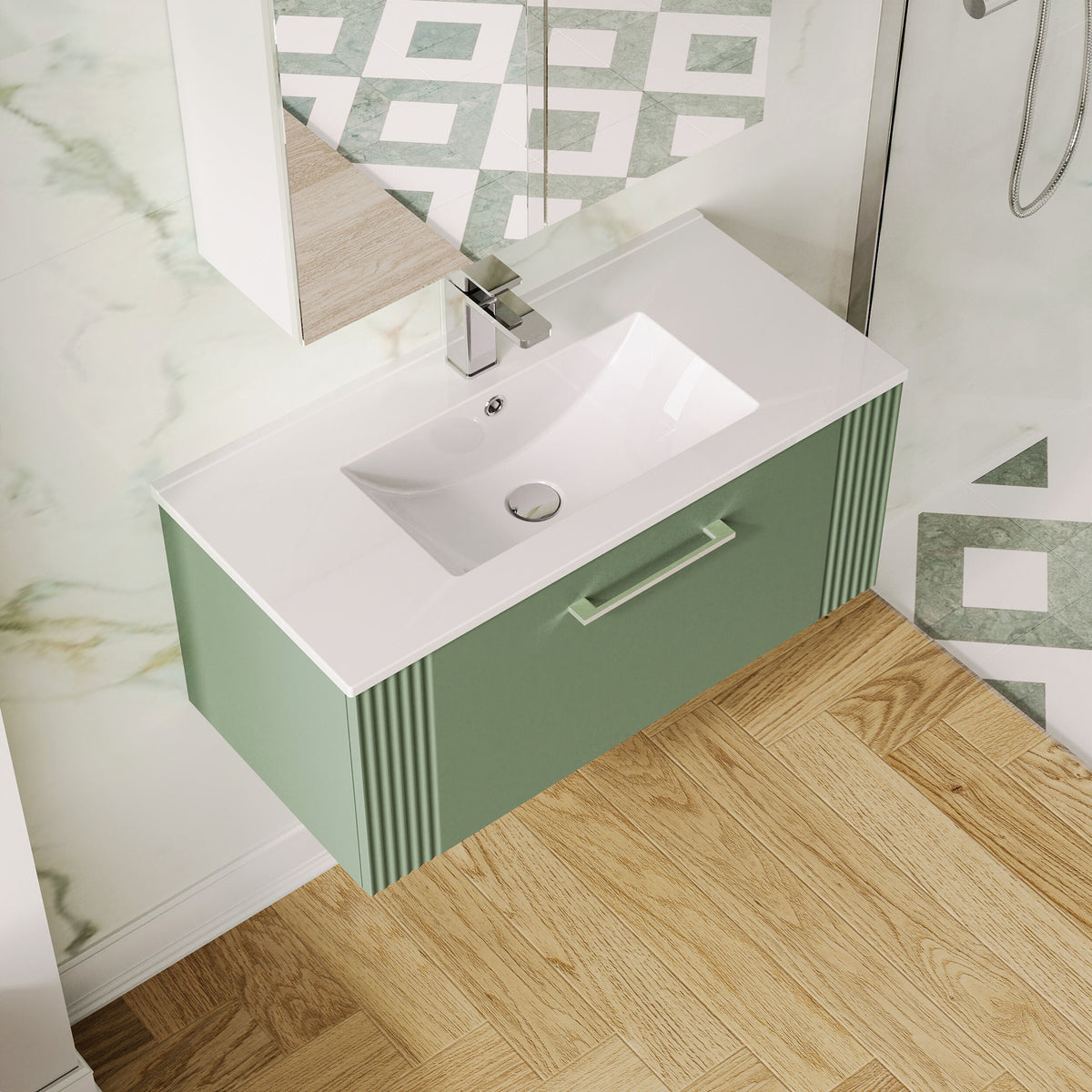 Modern Splash 800mm Satin Green 1 Drawer Wall Hung Vanity Unit With Minimalist Basin