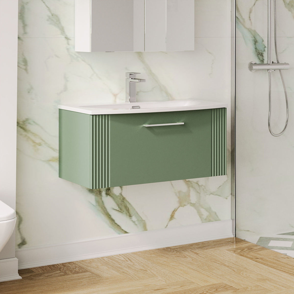 Modern Splash 800mm Satin Green 1 Drawer Wall Hung Vanity Unit With Curved Basin