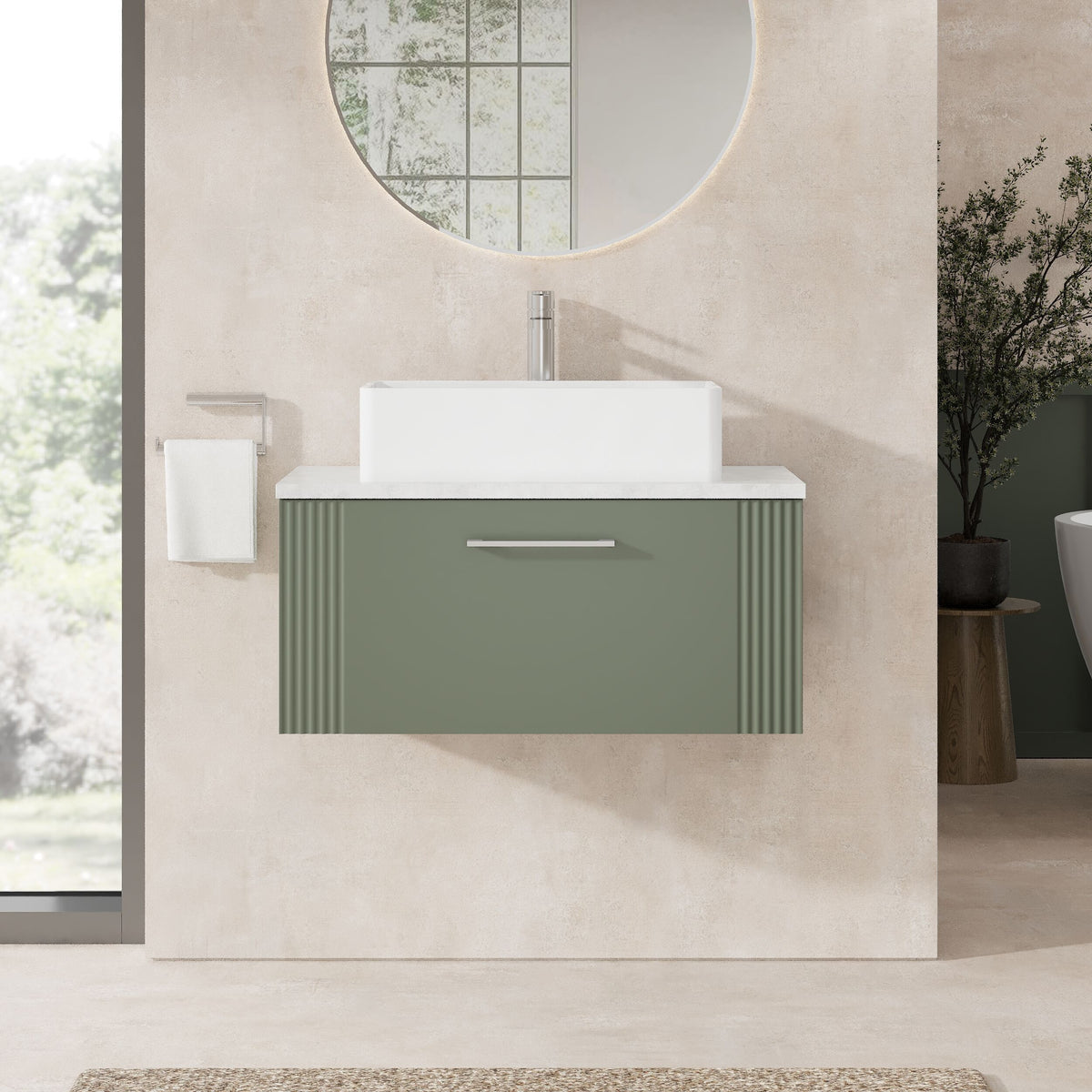 Modern Splash 800mm Satin Green Part Fluted 1 Drawer Wall Hung Vanity With Bellato Grey Worktop