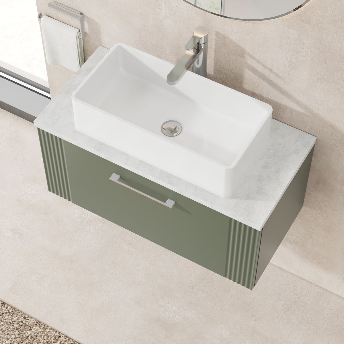Modern Splash 800mm Satin Green Part Fluted 1 Drawer Wall Hung Vanity With Bellato Grey Worktop