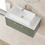 Modern Splash 800mm Satin Green Part Fluted 1 Drawer Wall Hung Vanity With Bellato Grey Worktop
