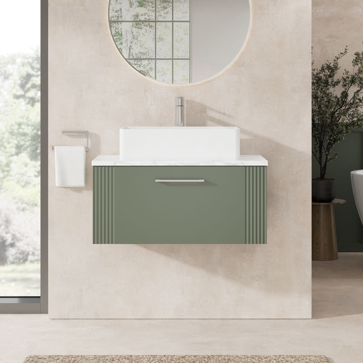 Modern Splash 800mm Satin Green 1 Drawer Wall Hung Vanity Unit With Carrara Laminate Worktop