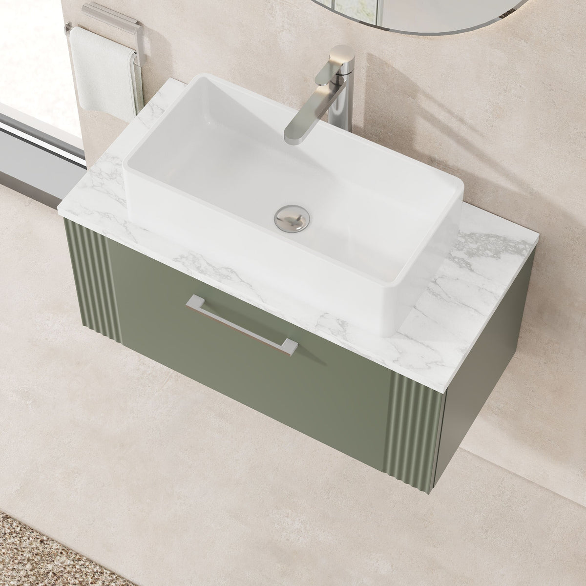 Modern Splash 800mm Satin Green 1 Drawer Wall Hung Vanity Unit With Carrara Laminate Worktop
