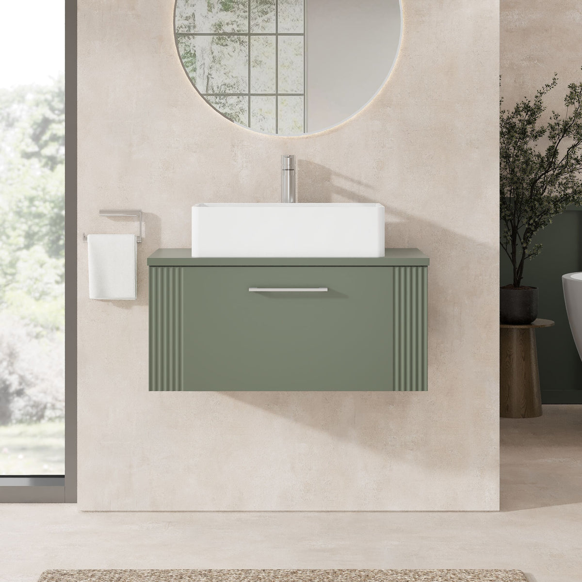 Modern Splash 800mm Satin Green Part Fluted 1 Drawer Wall Hung Vanity Unit With Co-ordinating Worktop