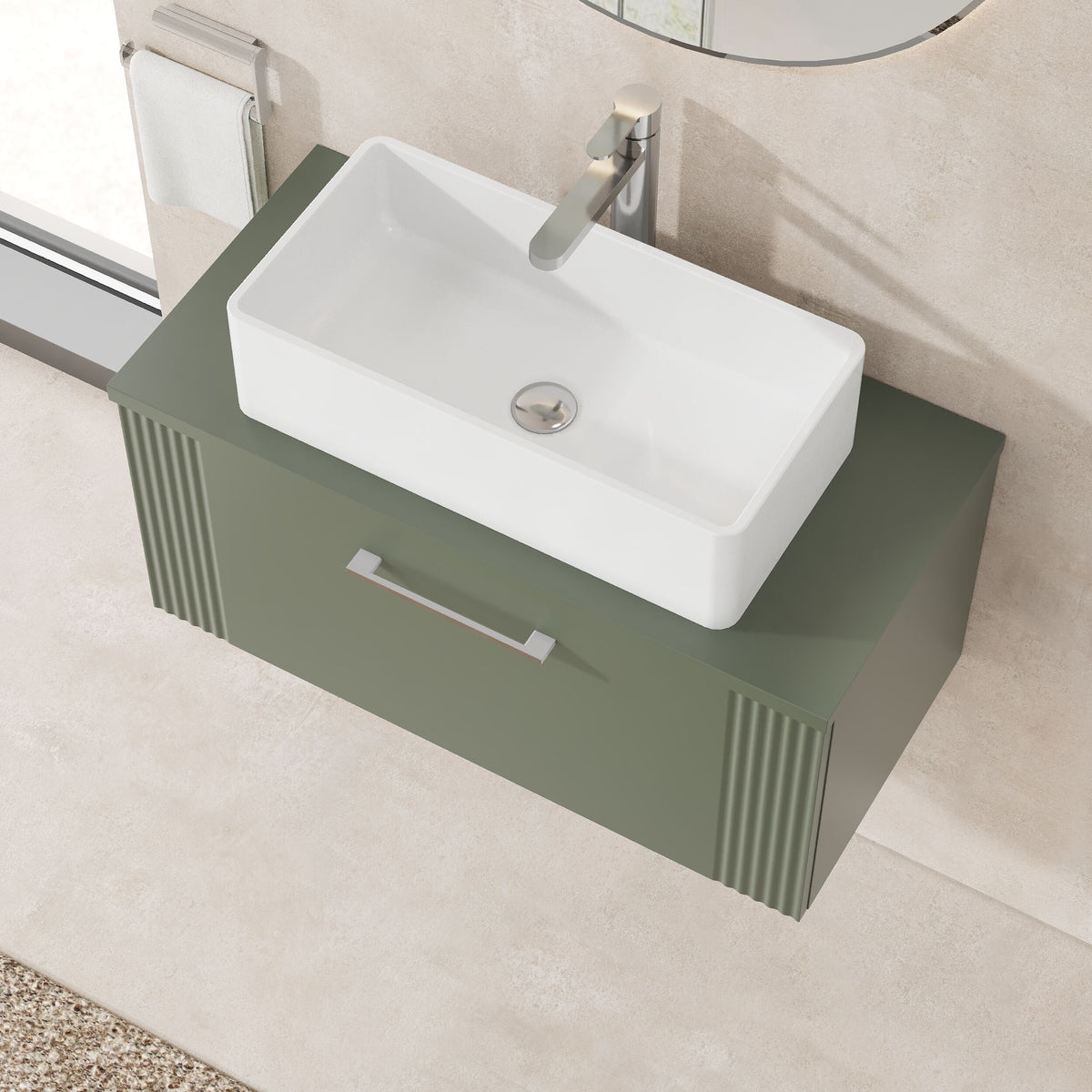 Modern Splash 800mm Satin Green Part Fluted 1 Drawer Wall Hung Vanity Unit With Co-ordinating Worktop