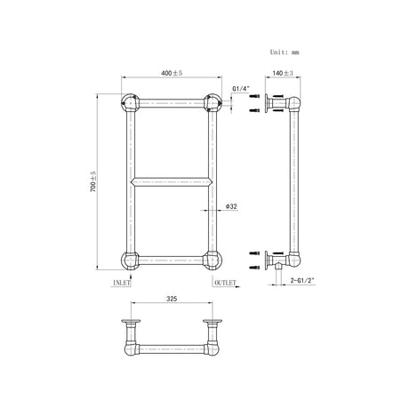 Traditional 3 Bar 700x400mm Victorian Chrome Heated Towel Rail Bathroom Radiator Dimension