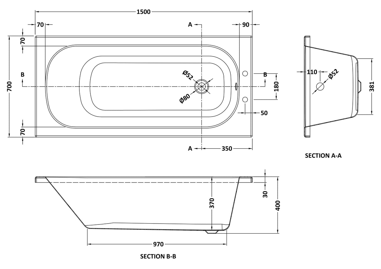 Arley Pro Contract 1500mm Steel 2 Tap Hole Single Ended Bath