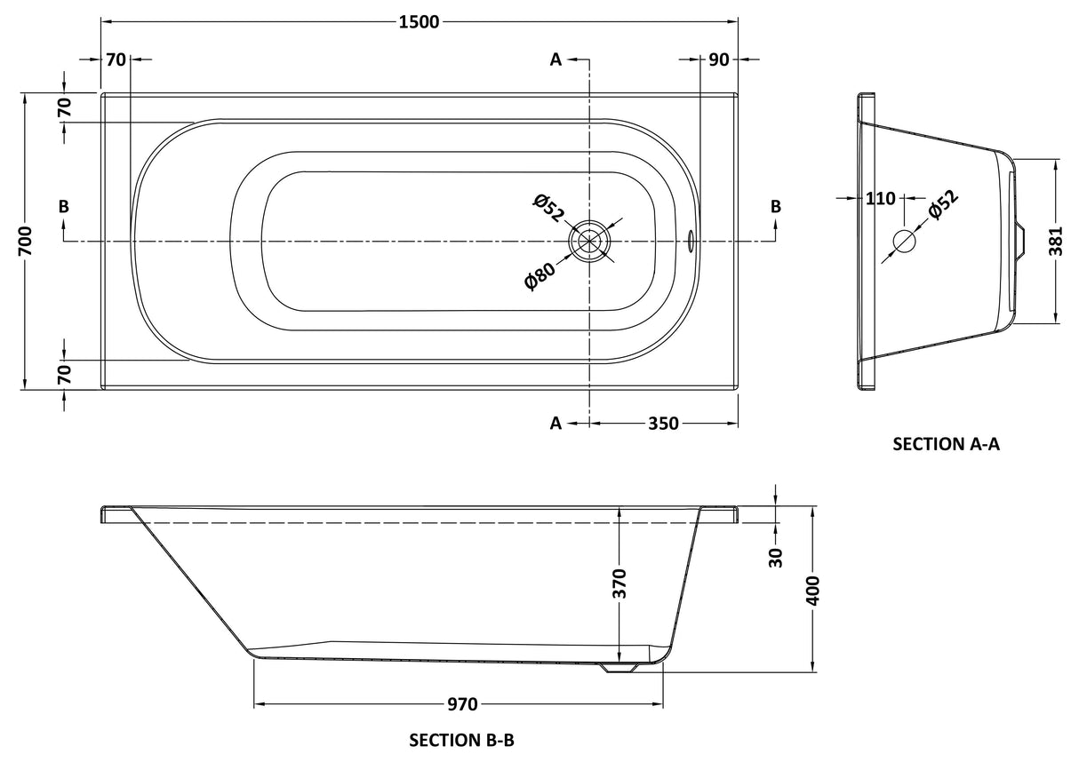 Arley Pro Contract 1500mm Steel Single Ended Bath