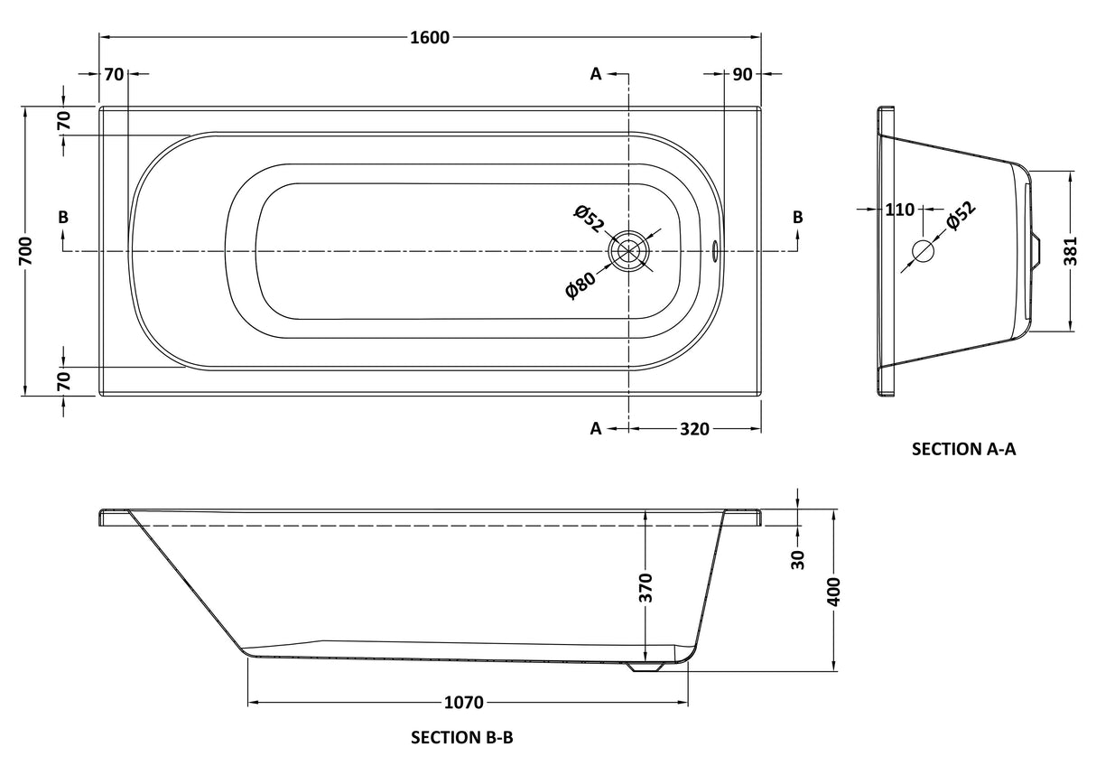 Arley Pro Contract 1600mm Steel Single Ended Bath