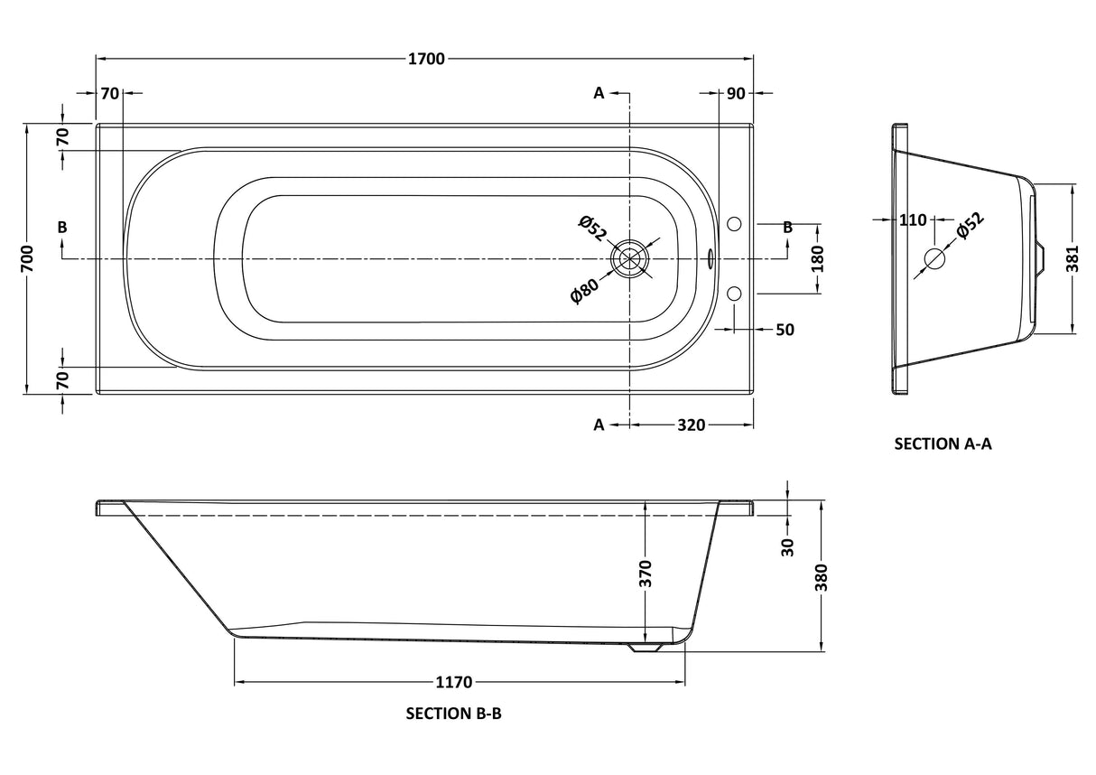 Arley Pro Contract 1700mm Steel 2 Tap Hole Single Ended Bath