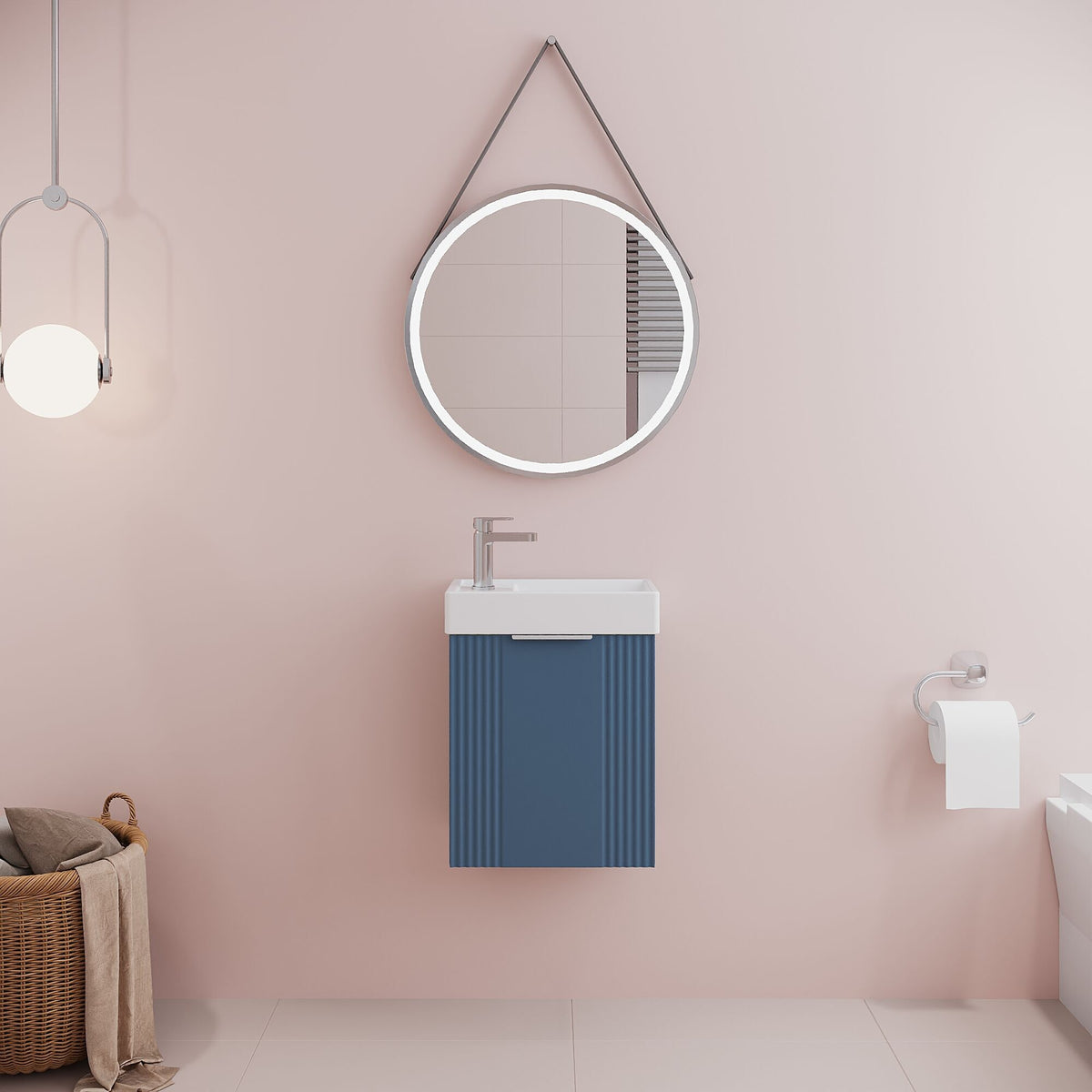Modern Splash Compact 400mm Satin Blue  1 Door Wall Hung Vanity Unit With Ceramic Basin