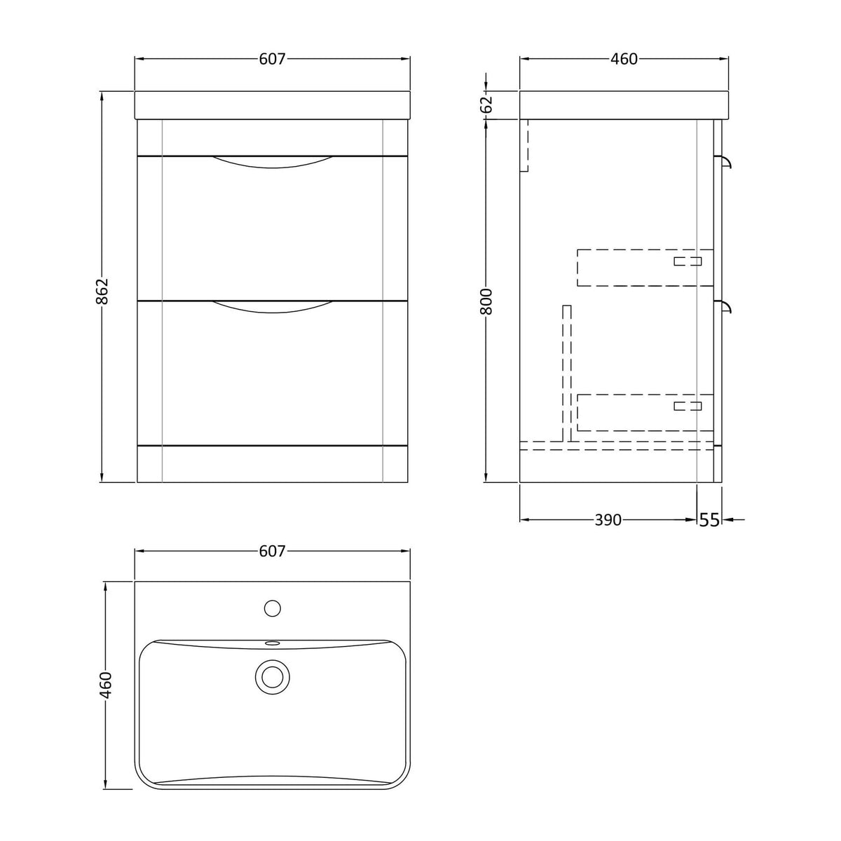 Modern Splash 600mm Gloss White 2 Drawer Floor Standing Vanity Unit With Thin Edge Basin