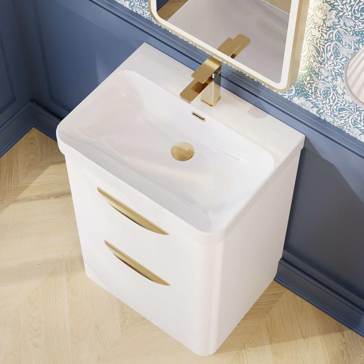 Modern Splash 600mm Gloss White 2 Drawer Floor Standing Vanity Unit With Thin Edge Basin