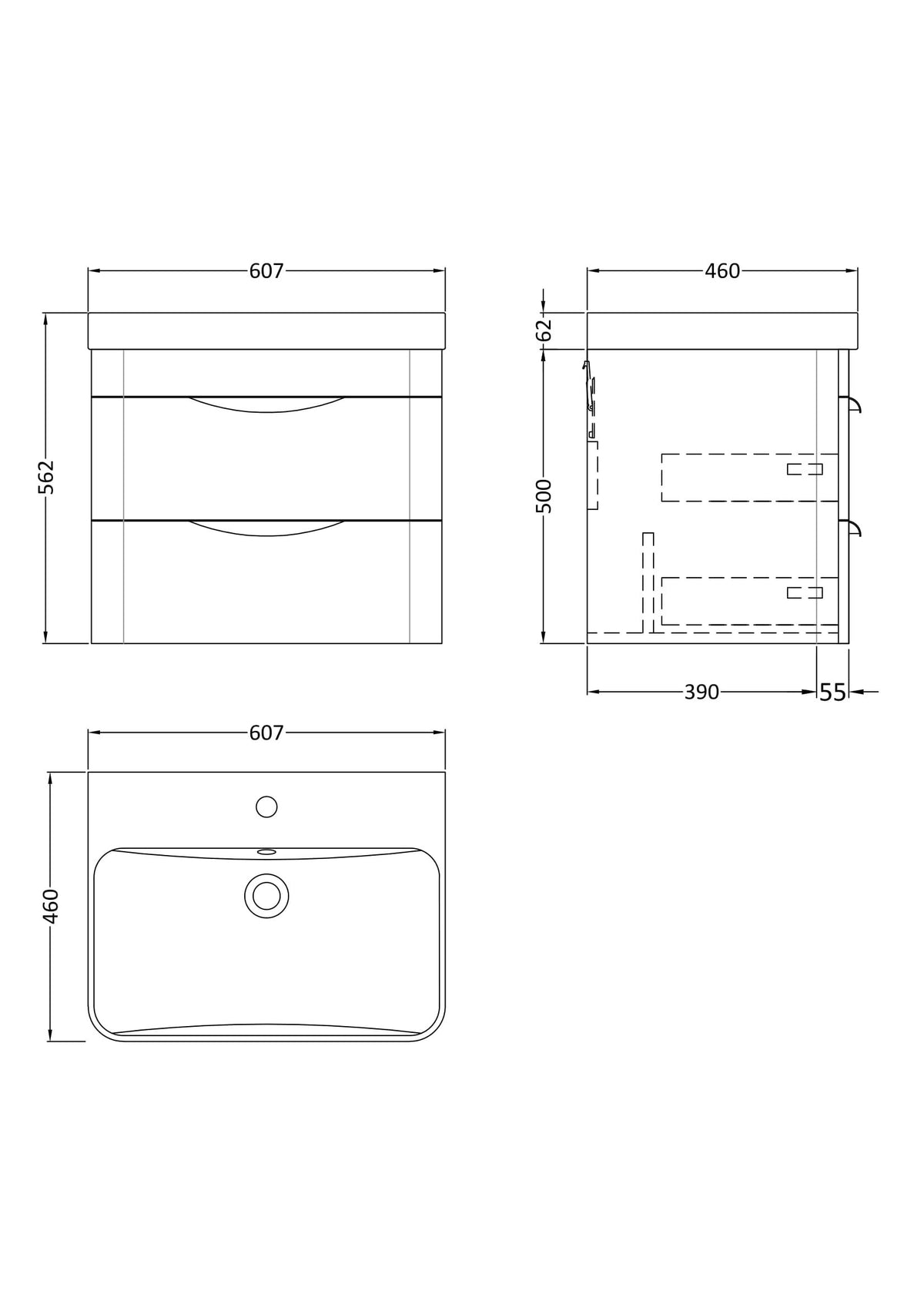 Modern Splash 600mm Gloss White 2 Drawer Wall Hung Vanity Unit With Thin Edge Basin