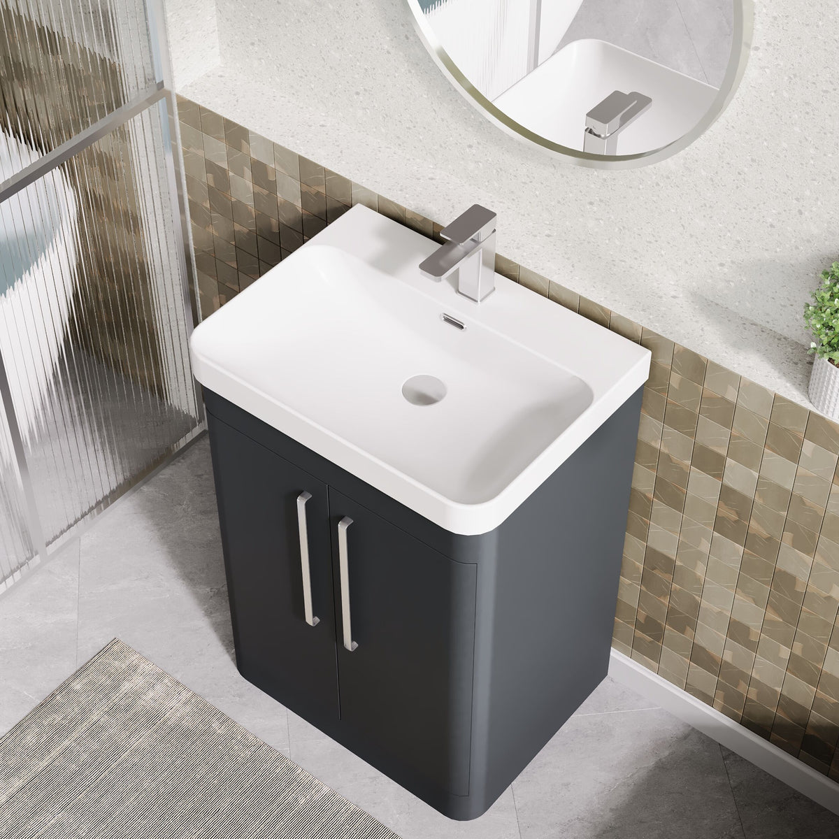 Modern Splash 600mm Soft Black 2 Door Floor Standing Vanity Unit With Thin Edge Basin