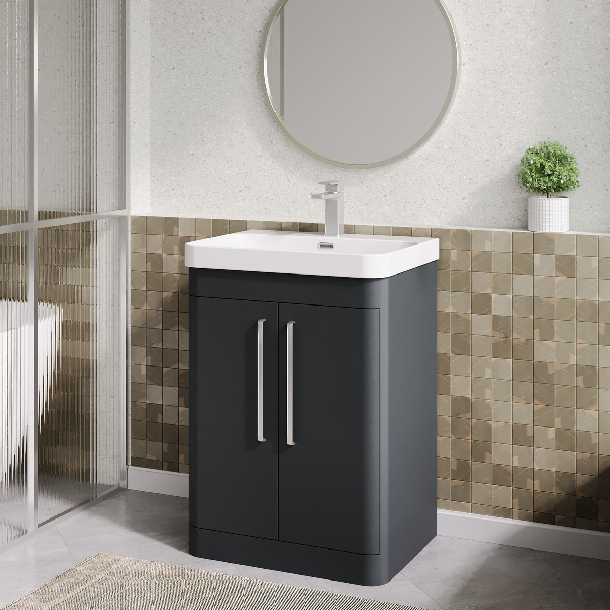 Modern Splash 600mm Soft Black 2 Door Floor Standing Vanity Unit With Thin Edge Basin