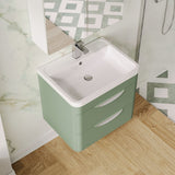 Modern Splash 600mm Satin Green 2 Door Wall Hung Vanity Unit With Polymarble Basin