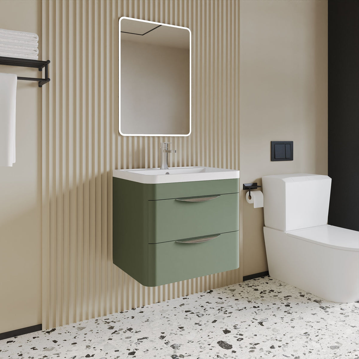 Modern Splash 600mm Satin Green 2 Door Wall Hung Vanity Unit With Polymarble Basin