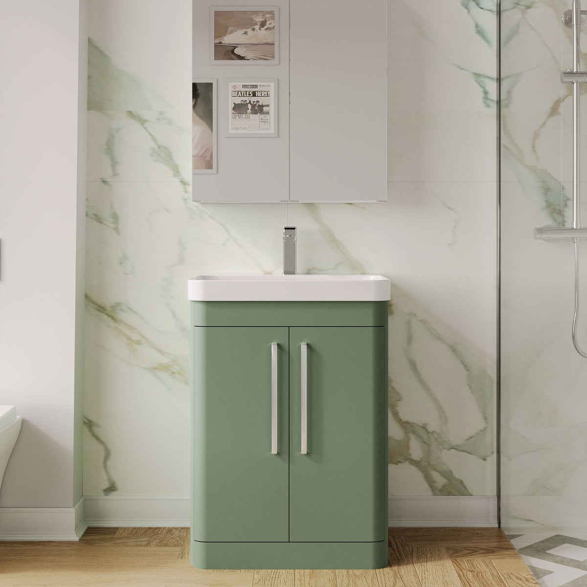 Modern Splash 600mm Satin Green 2 Door Floor Standing Vanity Unit With Thin Edge Basin