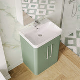 Modern Splash 600mm Satin Green 2 Door Floor Standing Vanity Unit With Thin Edge Basin
