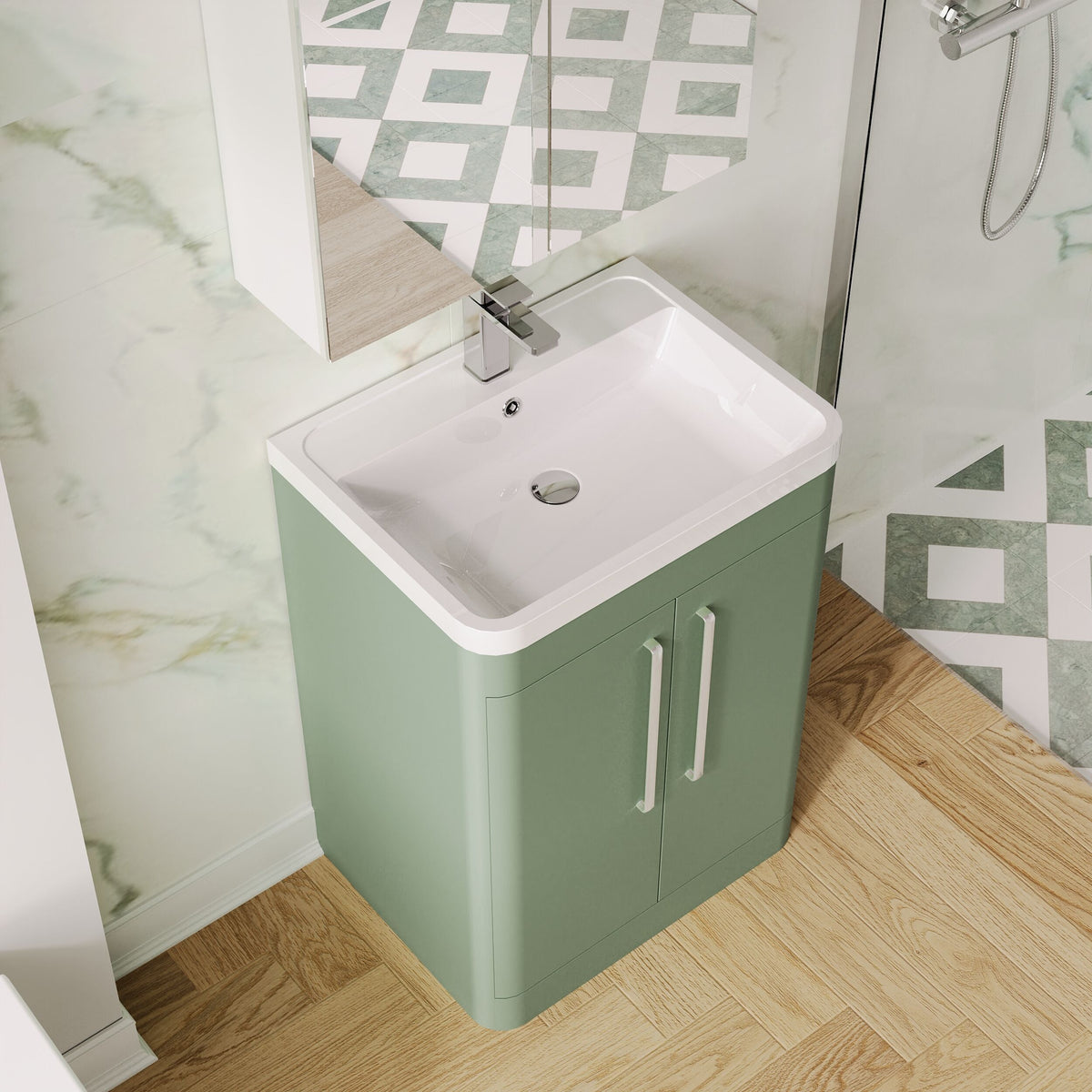 Modern Splash 600mm Satin Green 2 Door Floor Standing Vanity Unit With Polymarble Basin