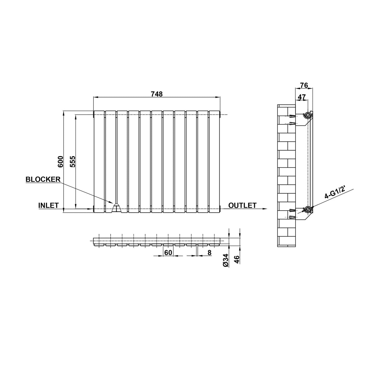 Flat Panel Anthracite Radiator Horizontal 600x748mm Single Panel