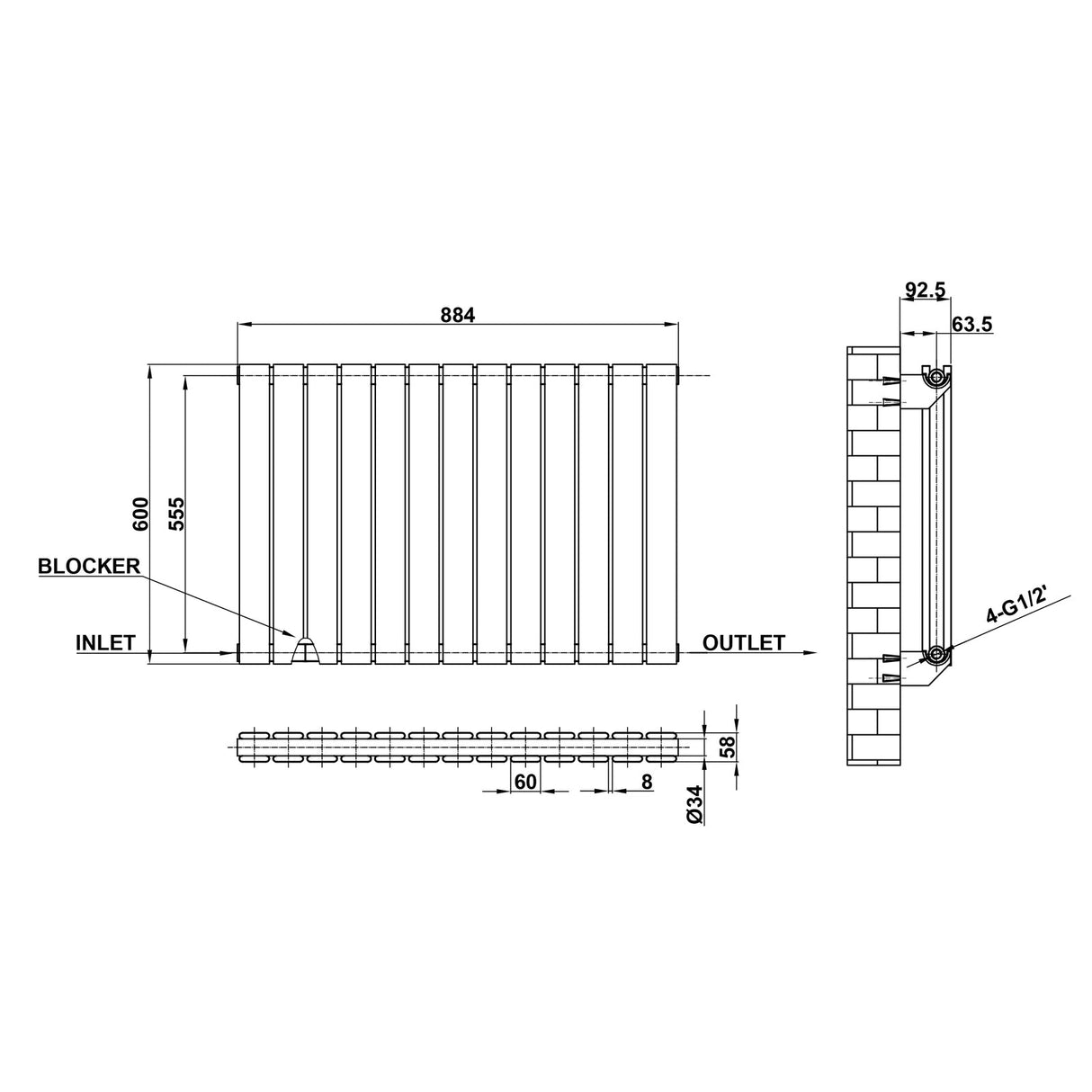 Modern Splash Flat Panel White Radiator Horizontal 600x884mm Double