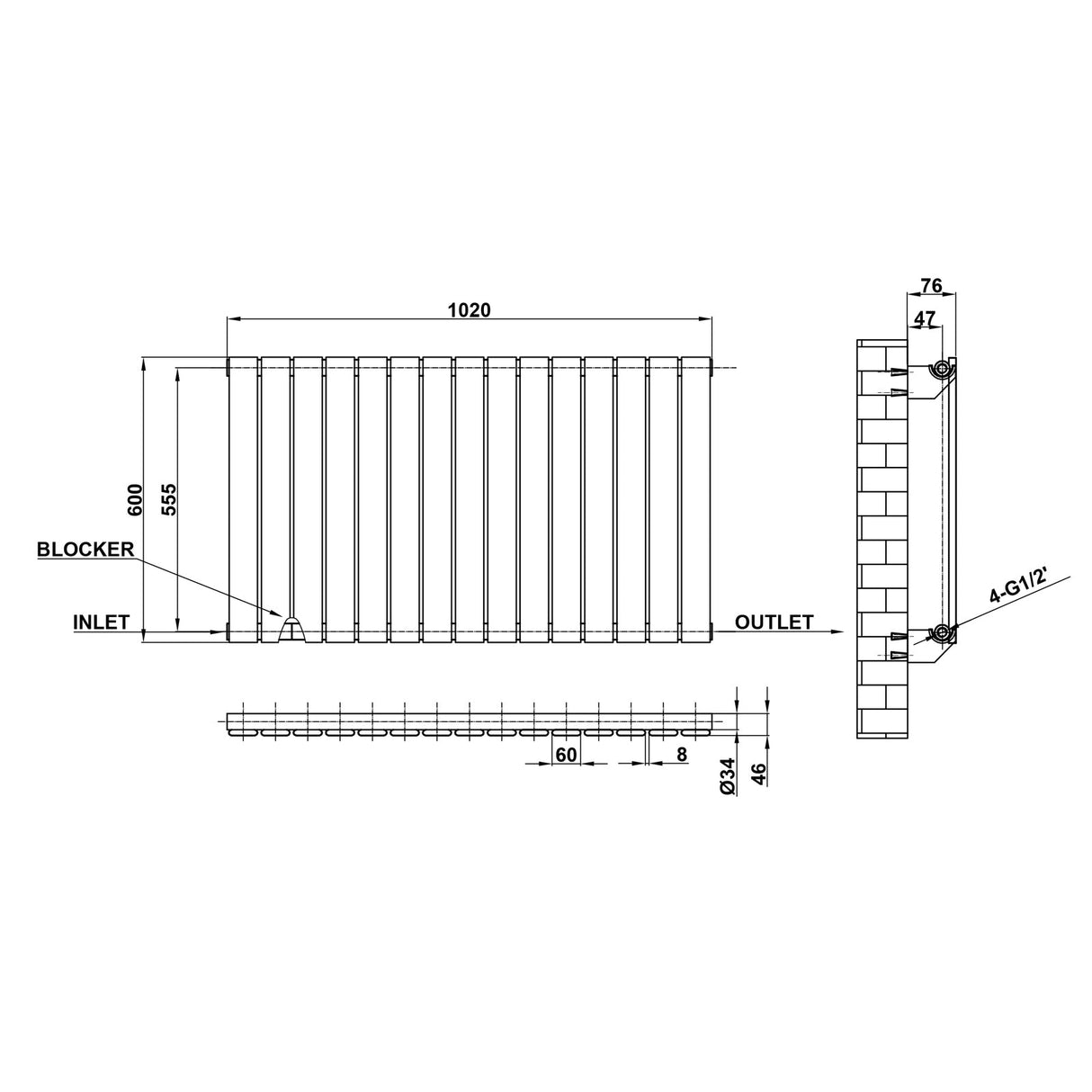 Modern Splash Flat Panel Anthracite Radiator Horizontal 600x1020mm Single