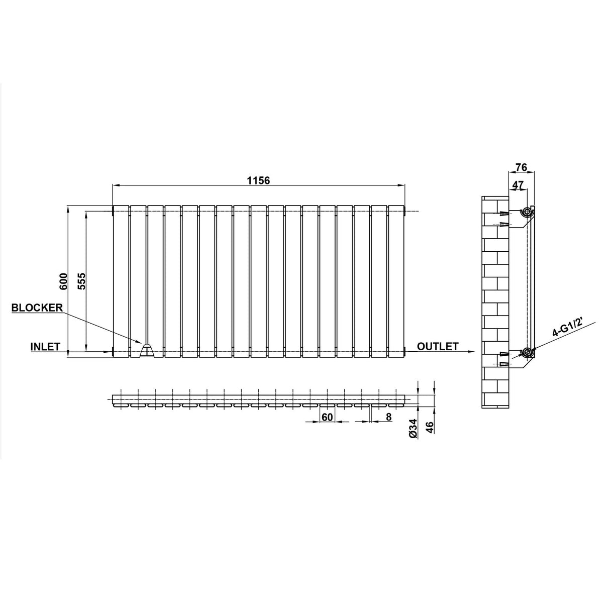 Modern Splash Flat Panel White Radiator Horizontal 600x1156mm Single