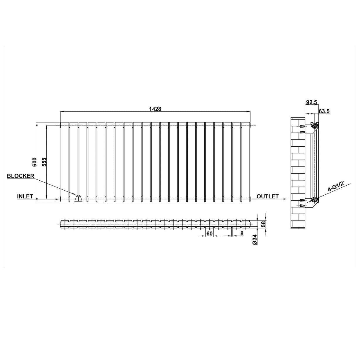 Modern Horizontal 600x1428mm Double White Flat Panel Radiator