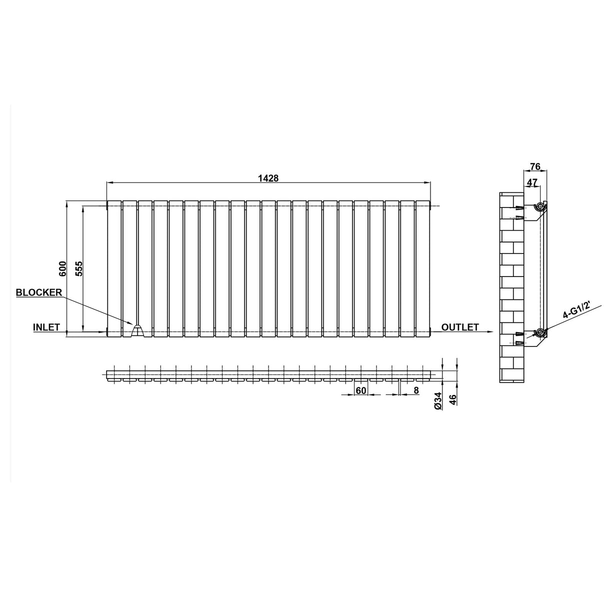 Modern Splash Flat Panel Anthracite Radiator Horizontal 600x1428mm Single