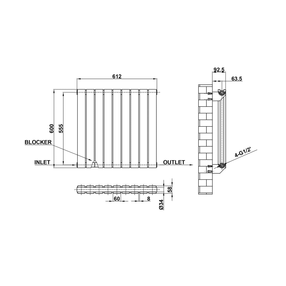 Flat Panel White Radiator Horizontal 600x612mm Double Panels