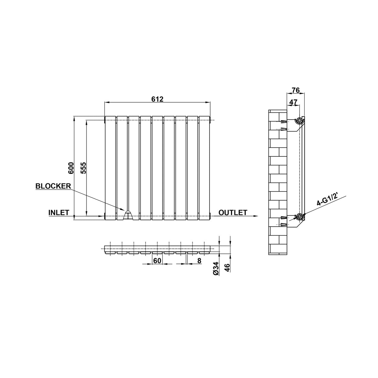 Modern Splash Flat Panel White Radiator Horizontal 600x612mm Single Panel