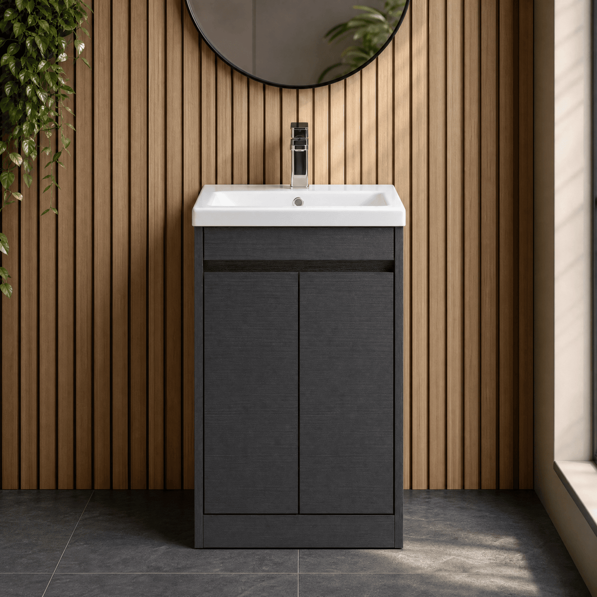 Modern Splash 500mm Graphite Grey Woodgrain 2 Door Floor Standing Vanity Unit With Minimilist Basin