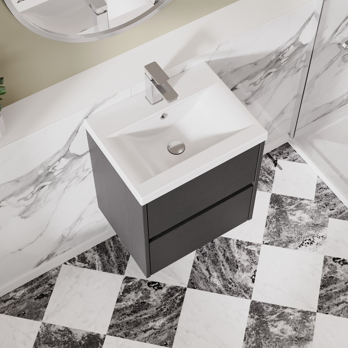 Modern Splash 500mm Graphite Grey Woodgrain 2 Drawer Wall Hung Vanity Unit With Mid-Edge Basin