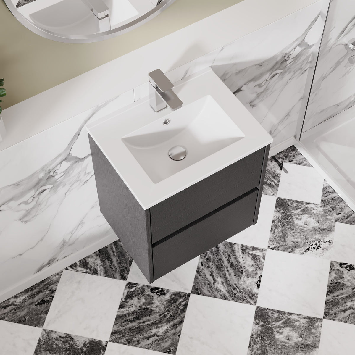 Modern Splash 500mm Graphite Grey Woodgrain 2 Drawer Wall Hung Vanity Unit With Minimalist Basin