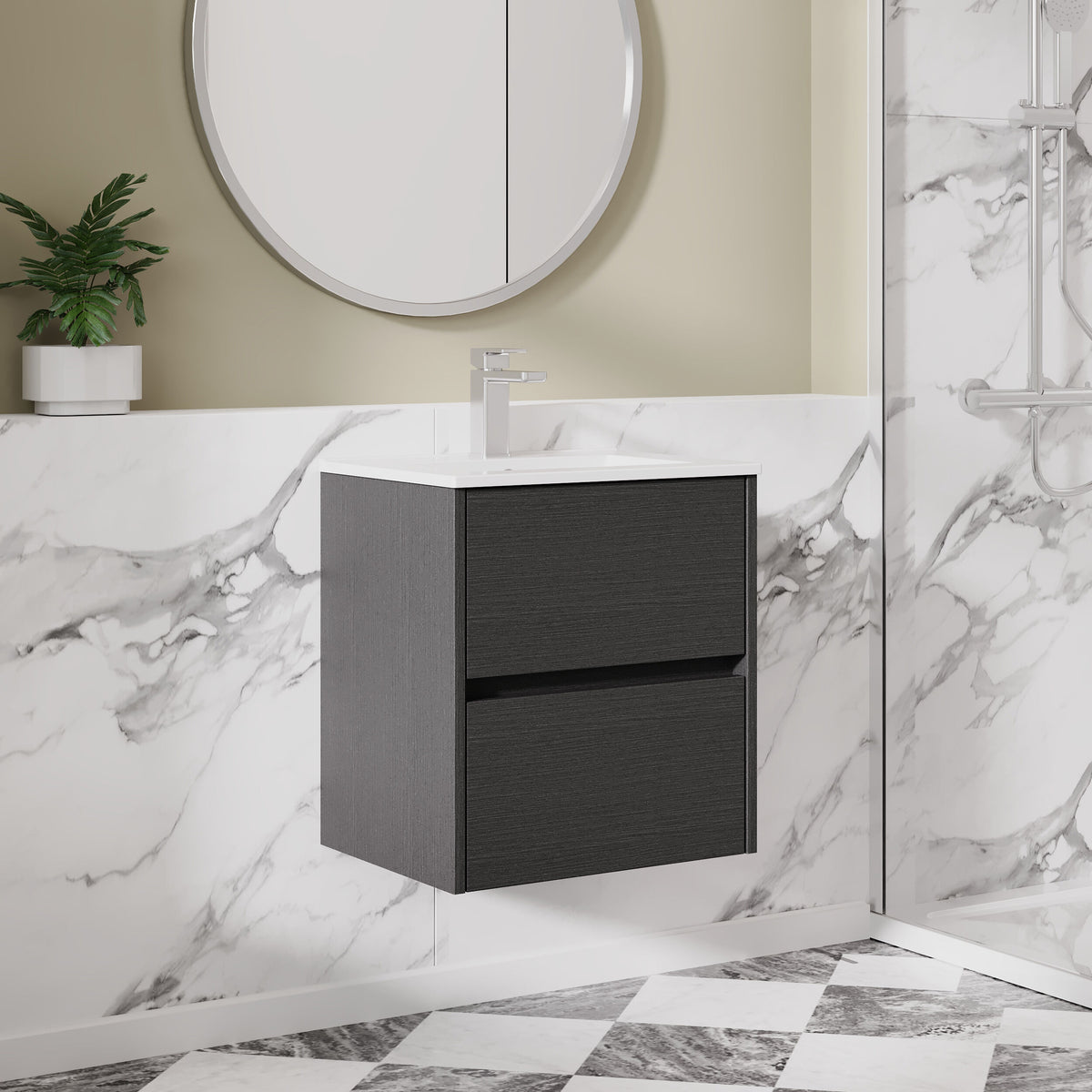 Modern Splash 500mm Graphite Grey Woodgrain 2 Drawer Wall Hung Vanity Unit With Minimalist Basin