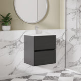 Modern Splash 500mm Graphite Grey Woodgrain 2 Drawer Wall Hung Vanity Unit With Minimalist Basin