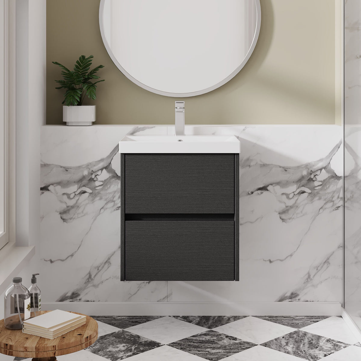Modern Splash 500mm Graphite Grey Woodgrain 2 Drawer Wall Hung Vanity Unit With Thin Edge Basin
