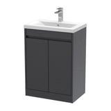 Modern Splash 600mm Graphite Grey Woodgrain 2 Door Floor Standing Vanity Unit With Mid-Edge Basin