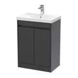 Modern Splash 600mm Graphite Grey Woodgrain 2 Door Floor Standing Vanity Unit With Thin-Edge Basin