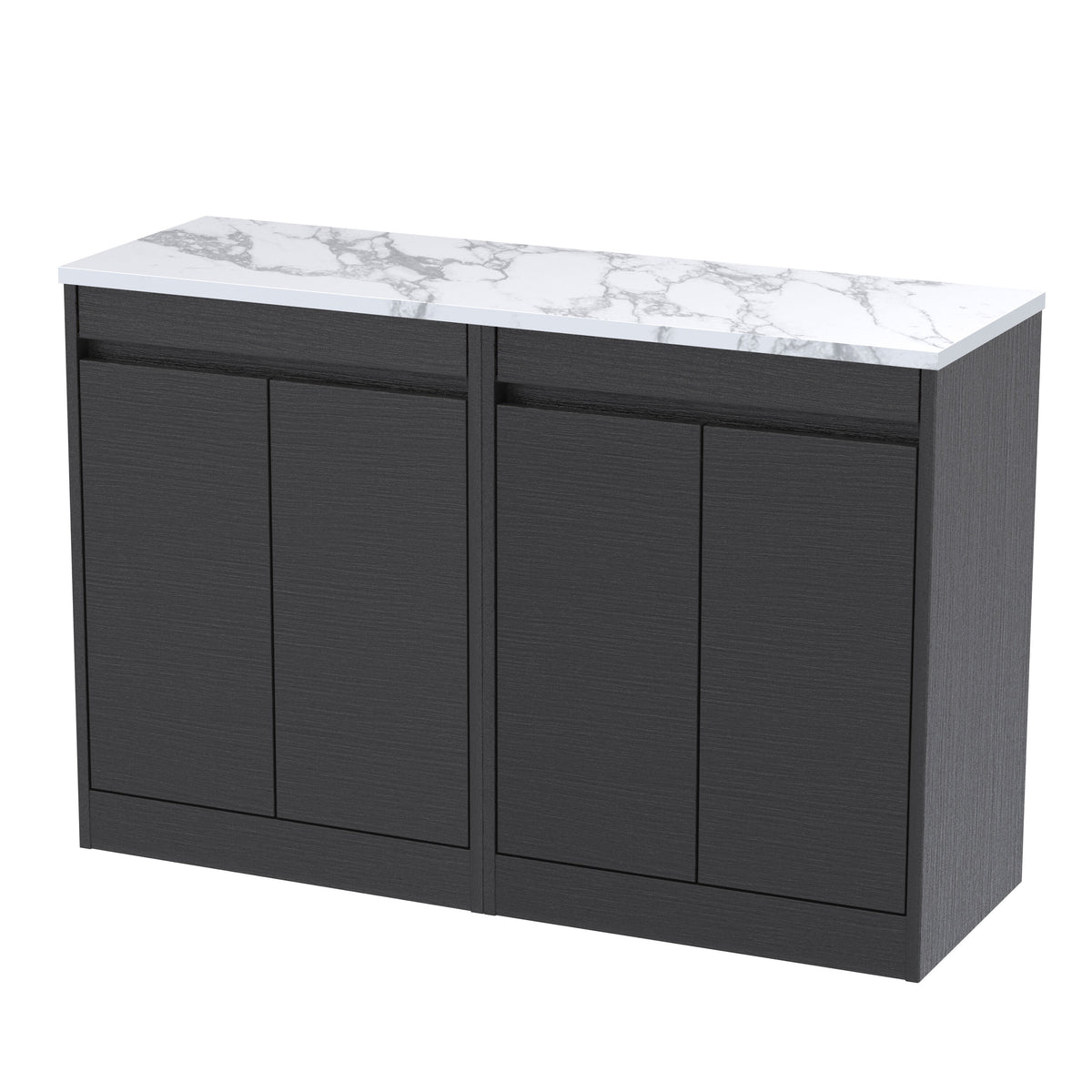 Modern Splash 1200mm Graphite Grey Woodgrain 4 Door Floor Standing Vanity Unit With Carrera Marble Worktop