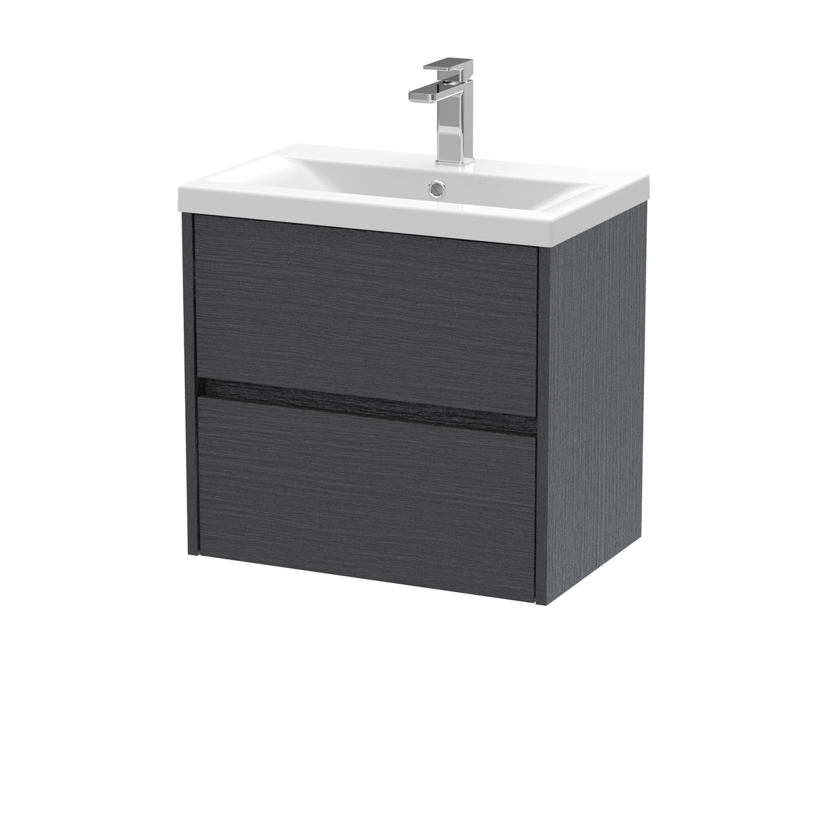 Modern Splash 600mm Graphite Grey Woodgrain 2 Drawer Wall Hung Vanity Unit With Mid-Edge Basin
