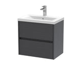 Modern Splash 600mm Graphite Grey Woodgrain 2 Drawer Wall Hung Vanity Unit With Mid-Edge Basin