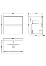 Modern Splash 600mm Graphite Grey Woodgrain 2 Drawer Wall Hung Vanity Unit With Mid-Edge Basin